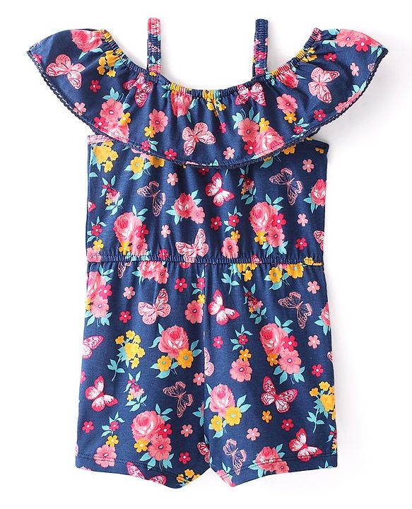 Babyhug Single Jersey Knit Cold Shoulder Sleeves Jumpsuit with Floral Print - Navy Blue