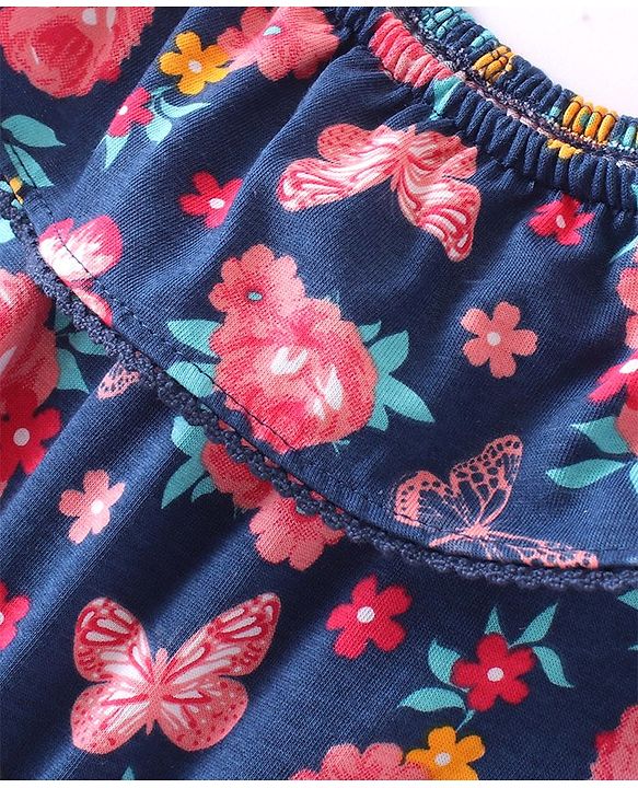 Babyhug Single Jersey Knit Cold Shoulder Sleeves Jumpsuit with Floral Print - Navy Blue