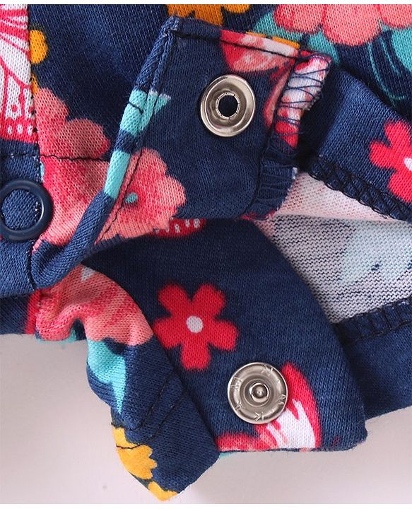 Babyhug Single Jersey Knit Cold Shoulder Sleeves Jumpsuit with Floral Print - Navy Blue