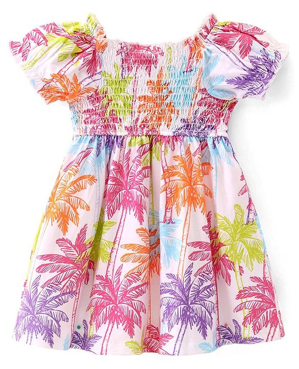 Babyhug  Single Jersey Knit Half Sleeves Frock Palm Tree Print - Multicolor