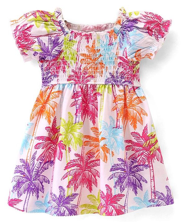 Babyhug  Single Jersey Knit Half Sleeves Frock Palm Tree Print - Multicolor