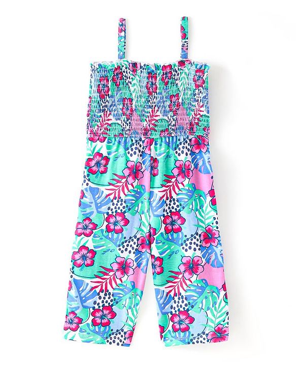 Babyhug Single Jersey Knit Sleeveless Jumpsuit Floral Print - Blue
