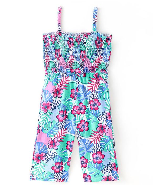 Babyhug Single Jersey Knit Sleeveless Jumpsuit Floral Print - Blue