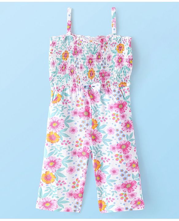 Babyhug Single Jersey Knit Sleeveless Jumpsuit Floral Print - White