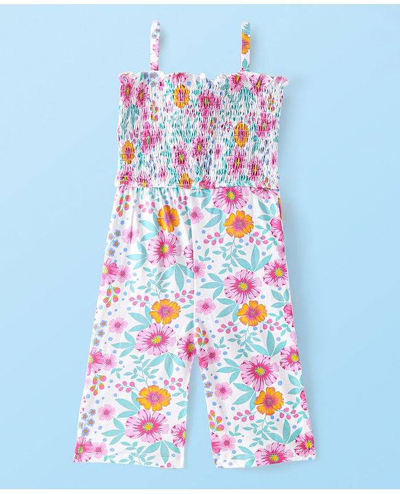 Babyhug Single Jersey Knit Sleeveless Jumpsuit Floral Print - White