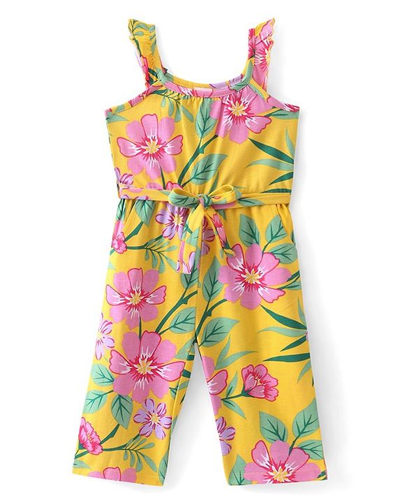 Babyhug Single Jersey Knit Sleeveless Jumpsuits With Floral Print - Yellow
