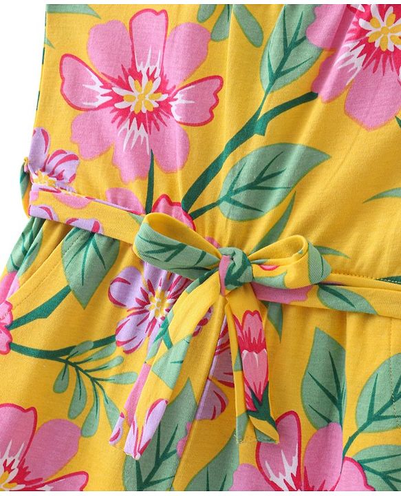 Babyhug Single Jersey Knit Sleeveless Jumpsuits With Floral Print - Yellow