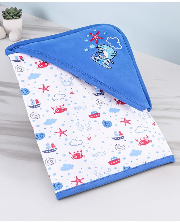Babyhug 100% Cotton Whale Embroidered Hooded Wrapper - Blue