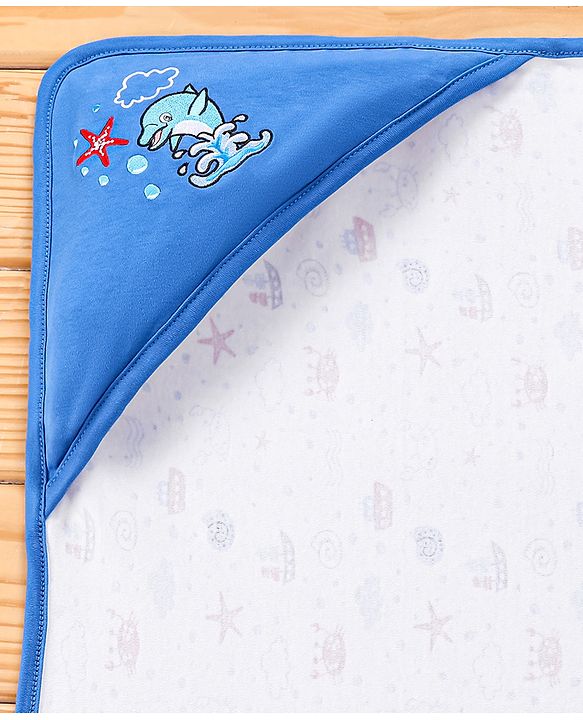 Babyhug 100% Cotton Whale Embroidered Hooded Wrapper - Blue