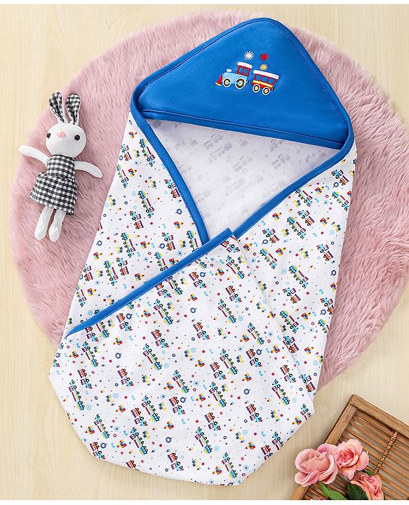 Babyhug 100% Cotton Whale Embroidered Hooded Wrapper - Blue