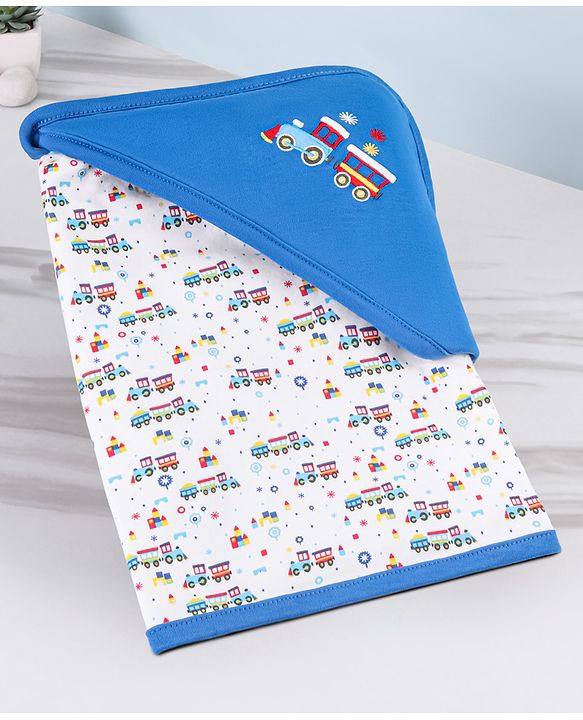 Babyhug 100% Cotton Whale Embroidered Hooded Wrapper - Blue