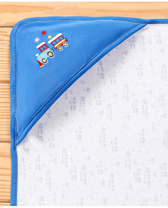 Babyhug 100% Cotton Whale Embroidered Hooded Wrapper - Blue