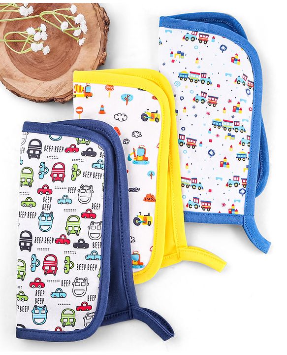 Babyhug Cotton Double Layer Wash Cloth Vehicle Print Pack of 3 - Multicolor