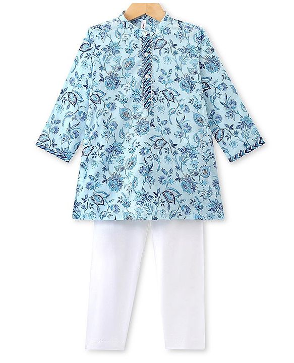 Babyhug Cotton Woven Full Sleeves Floral Printed Kurta Pyjama Set- Blue