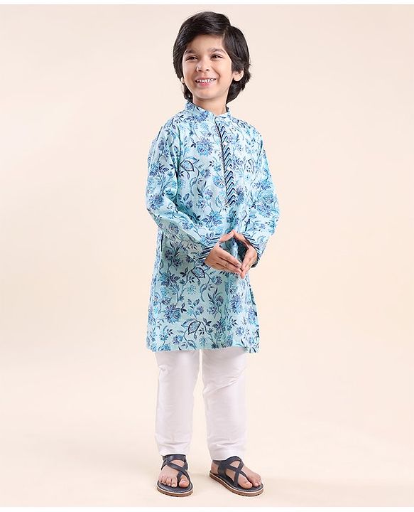 Babyhug Cotton Woven Full Sleeves Floral Printed Kurta Pyjama Set- Blue