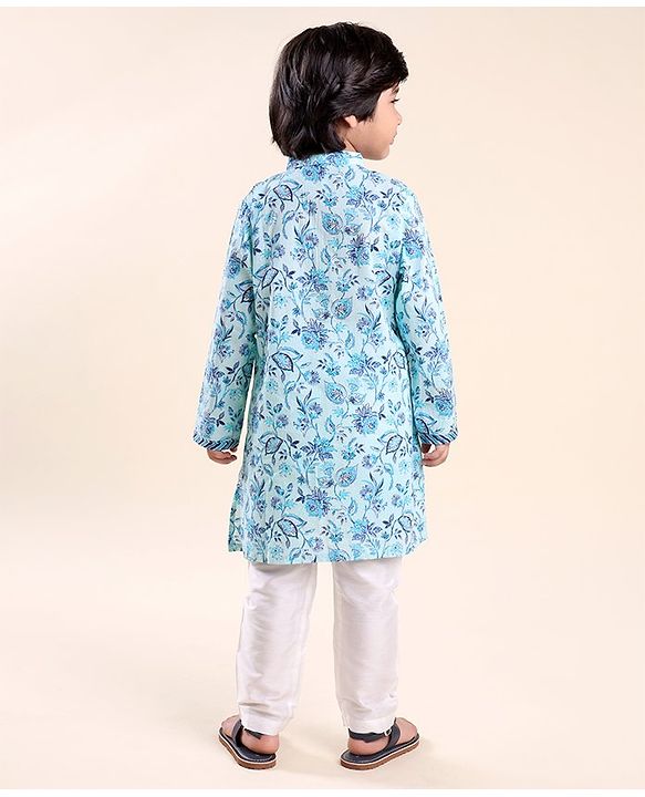 Babyhug Cotton Woven Full Sleeves Floral Printed Kurta Pyjama Set- Blue
