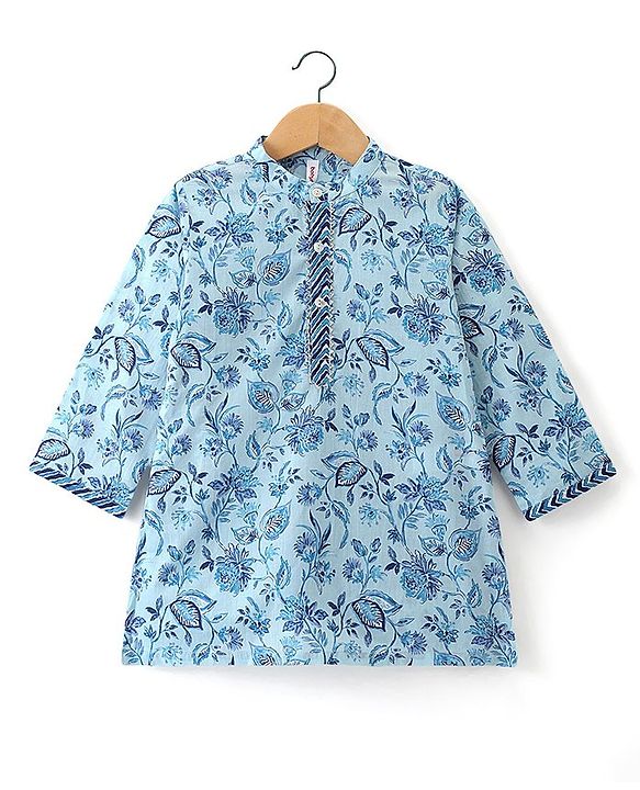 Babyhug Cotton Woven Full Sleeves Floral Printed Kurta Pyjama Set- Blue