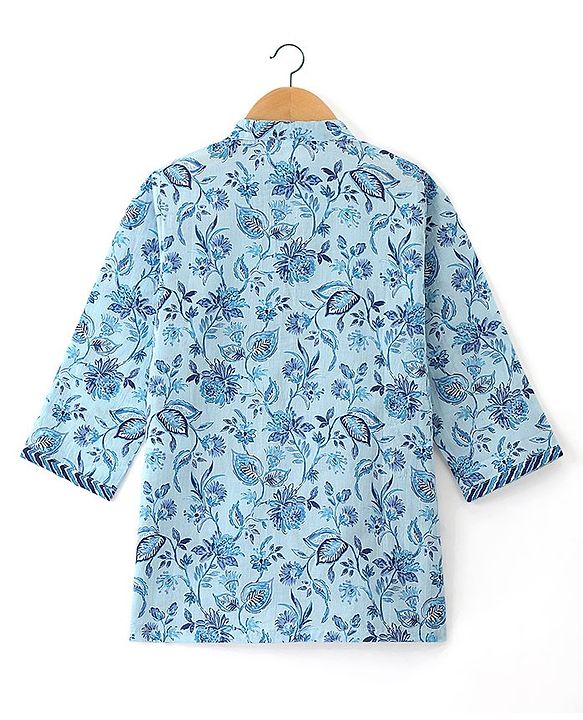 Babyhug Cotton Woven Full Sleeves Floral Printed Kurta Pyjama Set- Blue