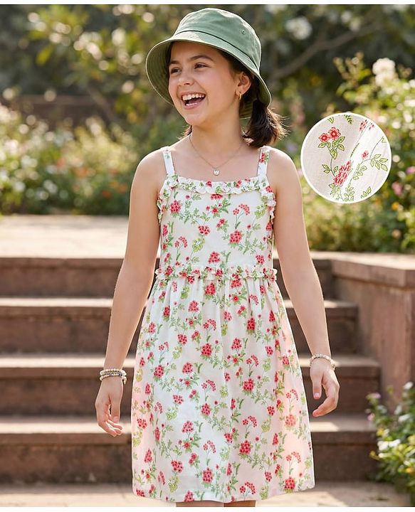 Pine Kids Cotton Woven Sleeveless Frock Floral Print - White