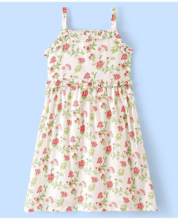 Pine Kids Cotton Woven Sleeveless Frock Floral Print - White