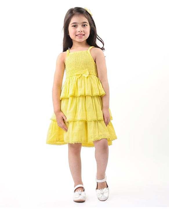 Babyhug 100% Cotton Woven Sleeveless Frock with Schiffli Design & Bow Applique - Yellow