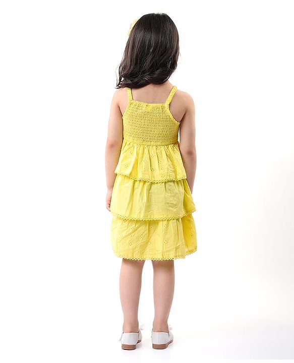 Babyhug 100% Cotton Woven Sleeveless Frock with Schiffli Design & Bow Applique - Yellow