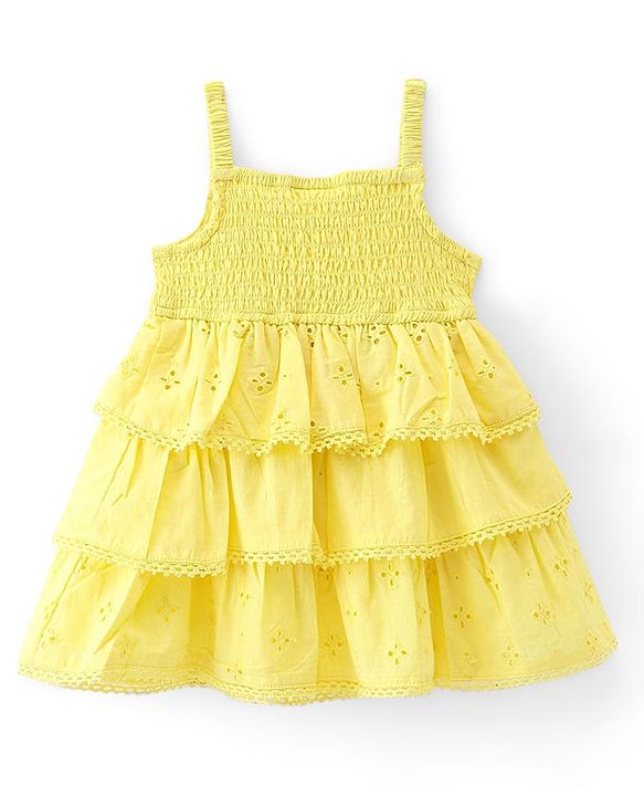 Babyhug 100% Cotton Woven Sleeveless Frock with Schiffli Design & Bow Applique - Yellow