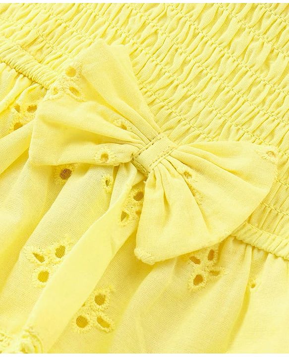 Babyhug 100% Cotton Woven Sleeveless Frock with Schiffli Design & Bow Applique - Yellow