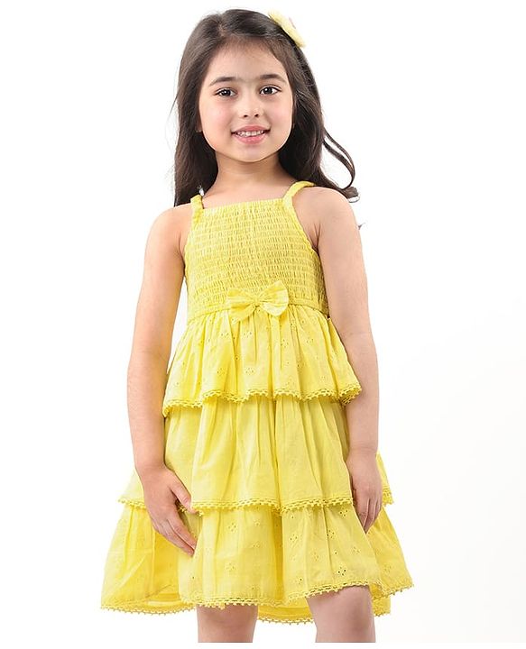 Babyhug 100% Cotton Woven Sleeveless Frock with Schiffli Design & Bow Applique - Yellow