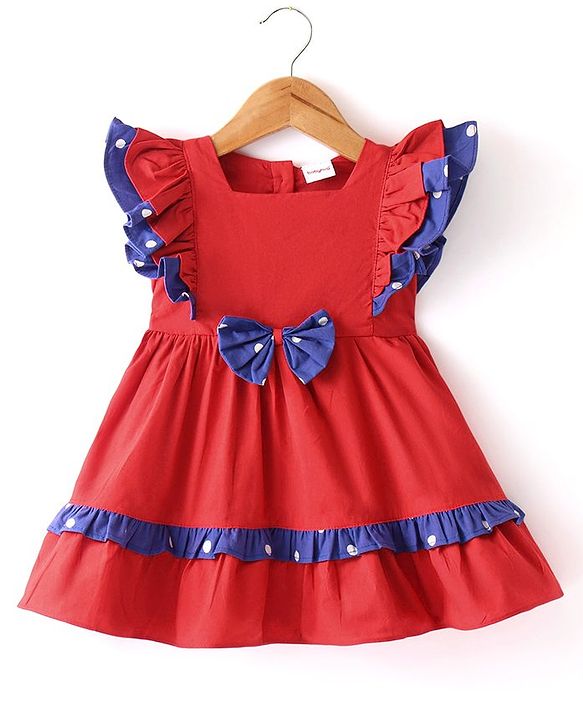 Babyhug Cotton Knit  Half Sleeves  Frock with Bow Detailing - Red