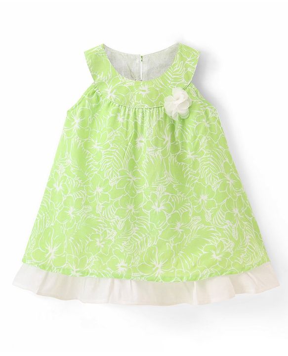 Babyhug 100% Cotton Woven Sleeveless Frock With Floral Print- Green