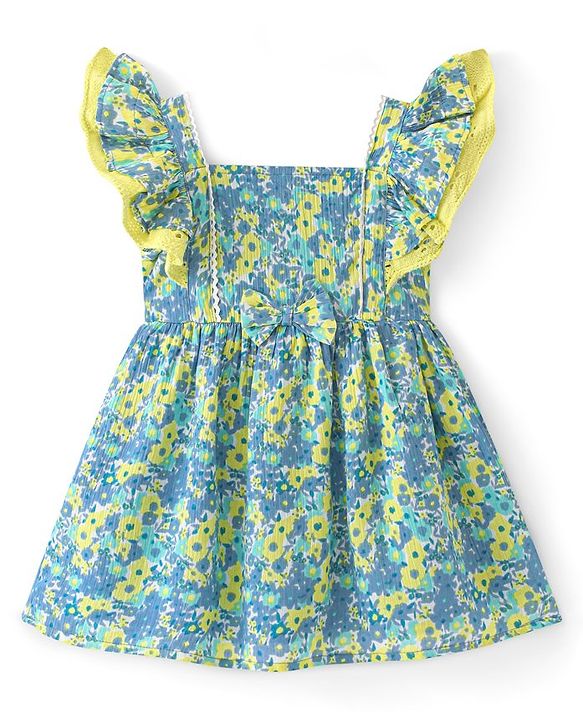 Babyhug Rayon Woven Frill Sleeves Frock with Floral Print - Blue