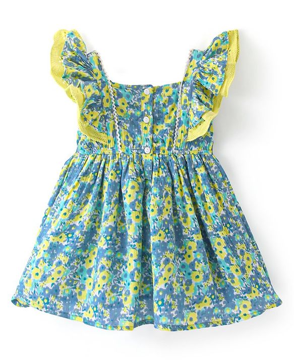 Babyhug Rayon Woven Frill Sleeves Frock with Floral Print - Blue