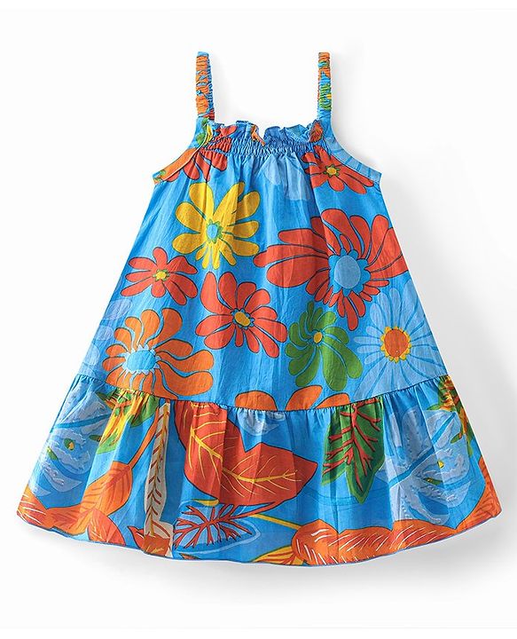 Babyhug 100% Cotton Woven Sleeveless Singlet Frock with Floral Print - Multicolour