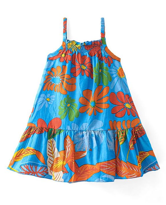 Babyhug 100% Cotton Woven Sleeveless Singlet Frock with Floral Print - Multicolour