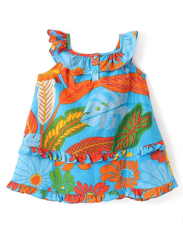 Babyhug Cambric Sleeveless One Piece Dress Tropical Print - Multicolour