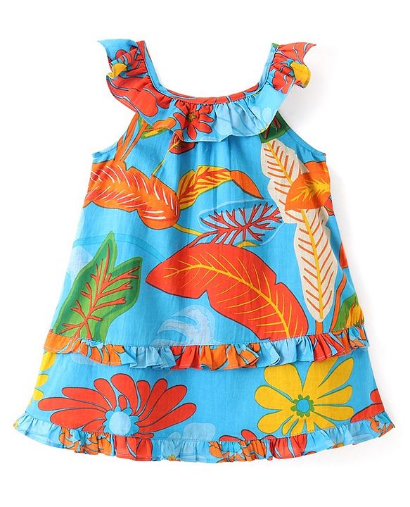 Babyhug Cambric Sleeveless One Piece Dress Tropical Print - Multicolour