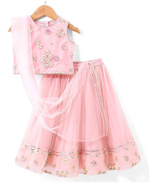 Babyhug  Sleeveless Floral Embroidered Choli with Brocade Lehenga and Dupatta Set- Pink