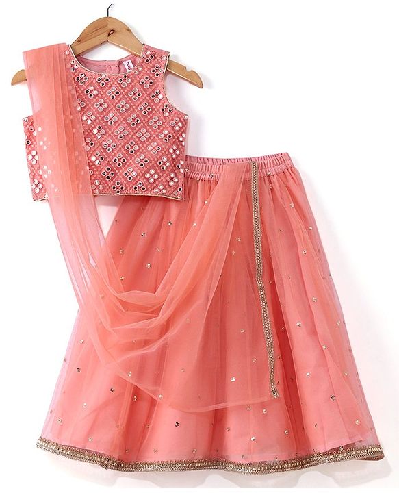 Babyhug Woven Sleeveless Embroidered Choli With Brocade Lehenga and Dupatta Set - Peach