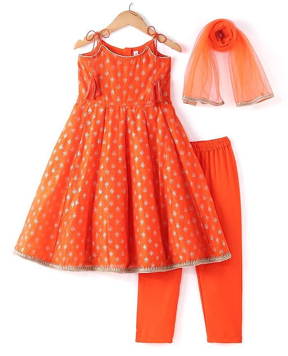 Babyhug Woven Sleeveless Brocade Kurti Chudidar and Dupatta Set - Orange