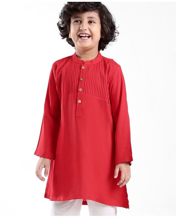 Babyhug Cotton Knit Full Sleeves Pintucked Kurta Solid Colour - Red