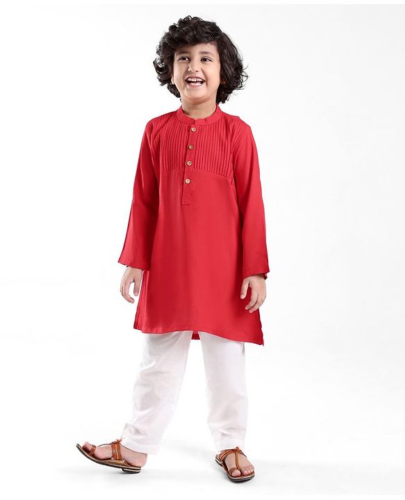 Babyhug Cotton Knit Full Sleeves Pintucked Kurta Solid Colour - Red