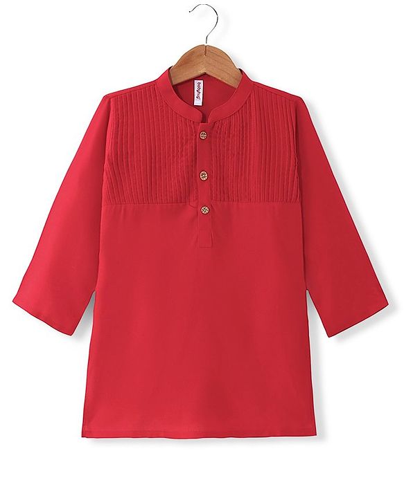 Babyhug Cotton Knit Full Sleeves Pintucked Kurta Solid Colour - Red