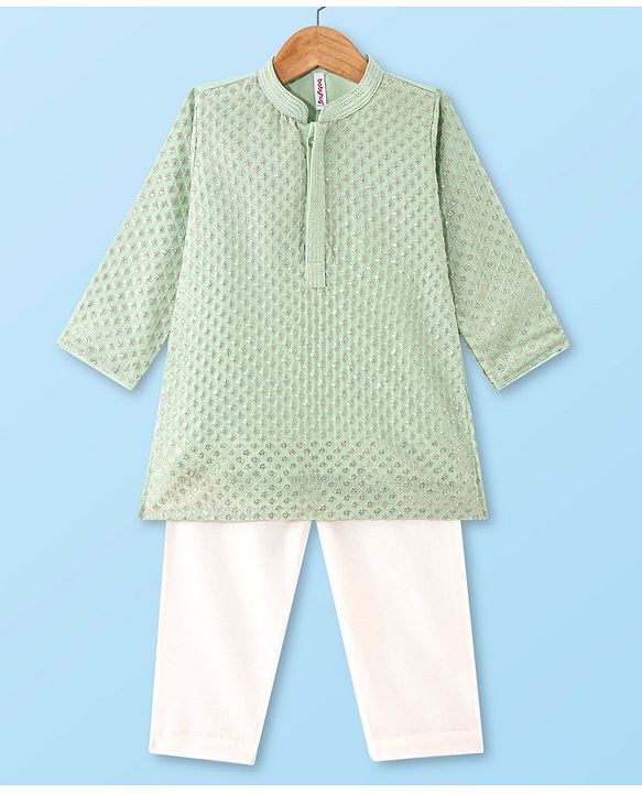 Babyhug Full Sleeves Kurta Payjama Set with Sequined  & Embroidery Detailing - Green