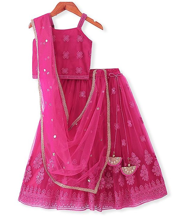 Babyhug Woven Sleeveless Net Sequinned  Embroidered Choli Lahenga and Dupatta-Hot Pink