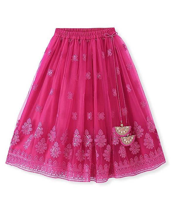Babyhug Woven Sleeveless Net Sequinned  Embroidered Choli Lahenga and Dupatta-Hot Pink