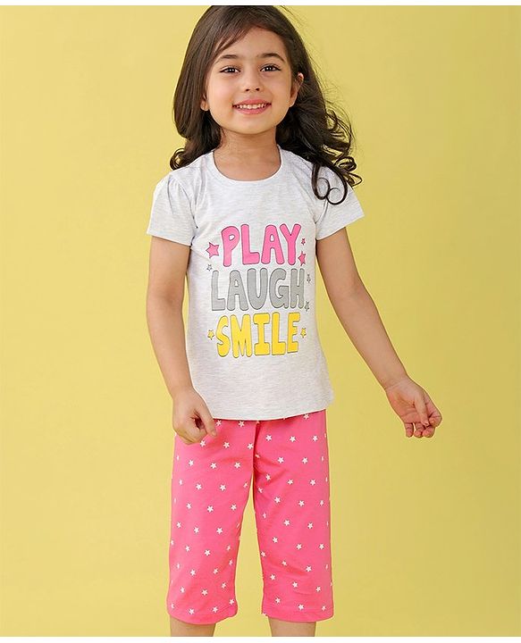 Babyhug Single Jersey Knit Half Sleeves Capri Night Suit Text & Star Print - Grey & Pink