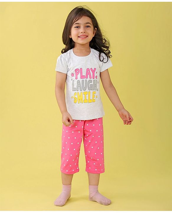 Babyhug Single Jersey Knit Half Sleeves Capri Night Suit Text & Star Print - Grey & Pink
