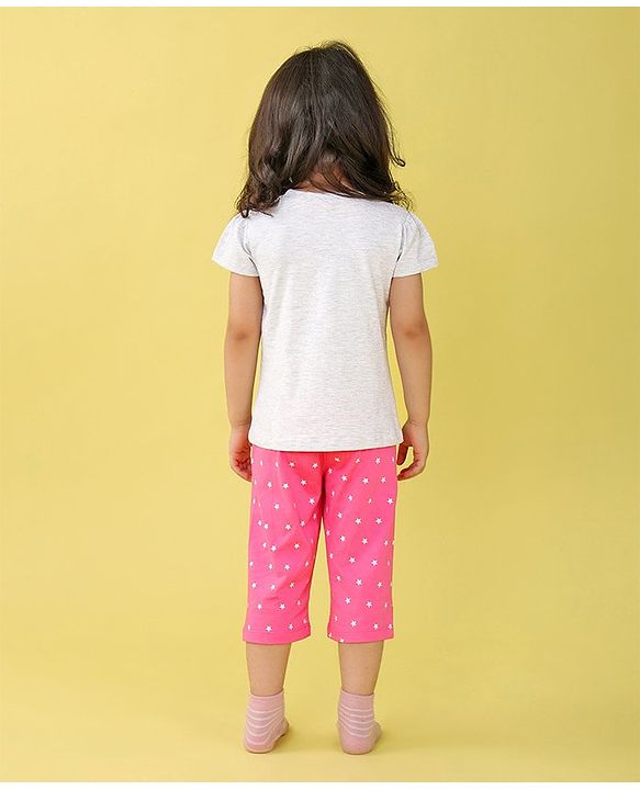 Babyhug Single Jersey Knit Half Sleeves Capri Night Suit Text & Star Print - Grey & Pink
