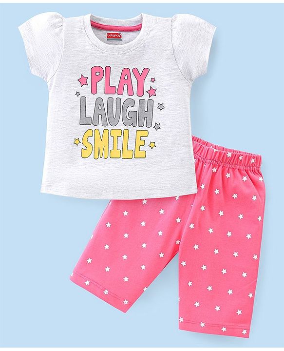 Babyhug Single Jersey Knit Half Sleeves Capri Night Suit Text & Star Print - Grey & Pink